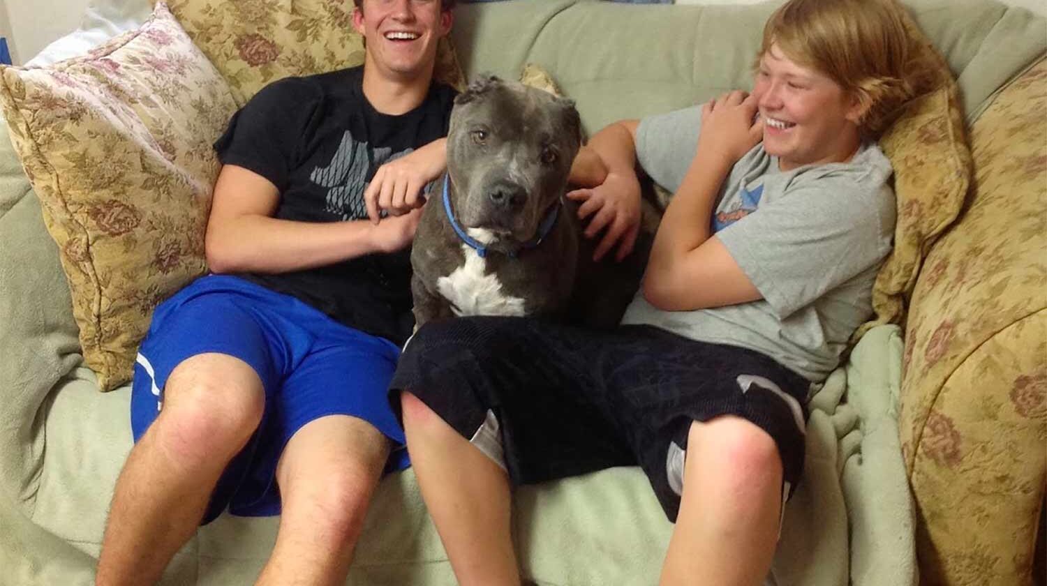 teenage boys and dog on couch